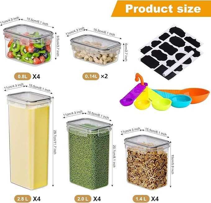 18 Pack Airtight Food Storage Containers with Lids | clear airtight containers with tight lids keep dry food fresh. Safe plastic, stackable for pantry kitchen storage
