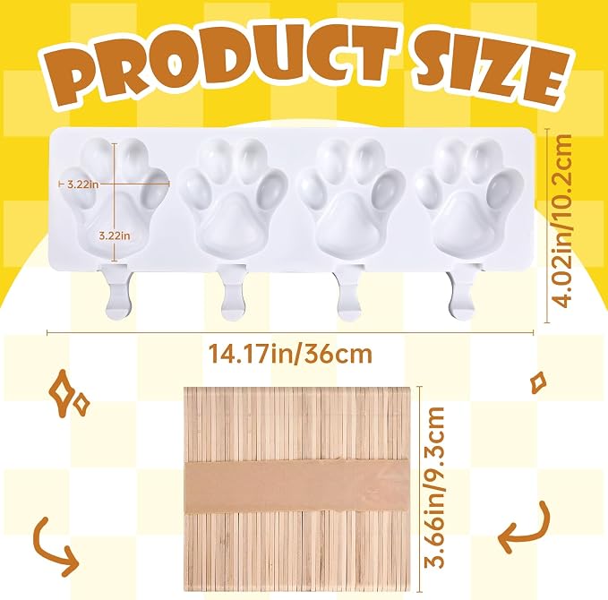 3 PCS Bear Paw Popsicle Molds - 4 Cavity Silicone Ice Cream Molds with 150 Wooden Sticks, Homemade Ice Pop Maker, Cakesicles