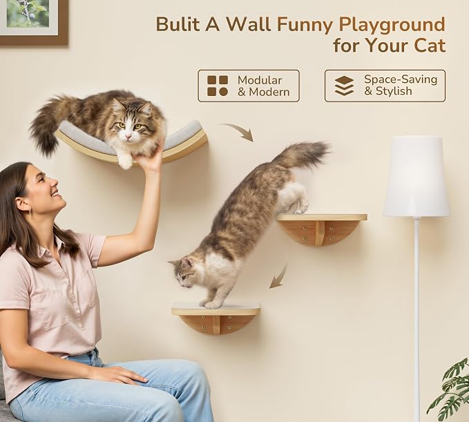 Cat Wall Shelves with Sisal Pads, 4-Piece Wooden Cats Furniture Set with Cat Window Perch, Flat Shelf & Sisal-Clad Steps for Climbing and Scratching
