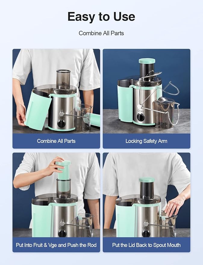 QCen Juicer Machine 500W Centrifugal Juicer with Extra Wide Feed Chute | For Fruits And Vegetables, Stainless Steel, BPA-Free Parts, Easy To Clean, Aqua, Compact Countertop Juicer