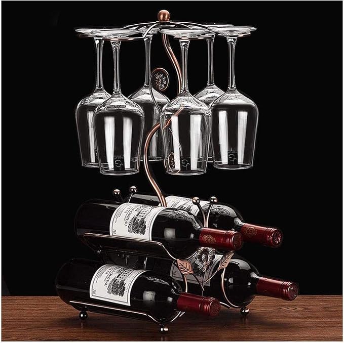 Wine Rack and Wine Glass Holder-Hold 4 Wine Bottles and 6 Glasses-Perfect for Home Kitchen Decor & Kitchen Storage Rack