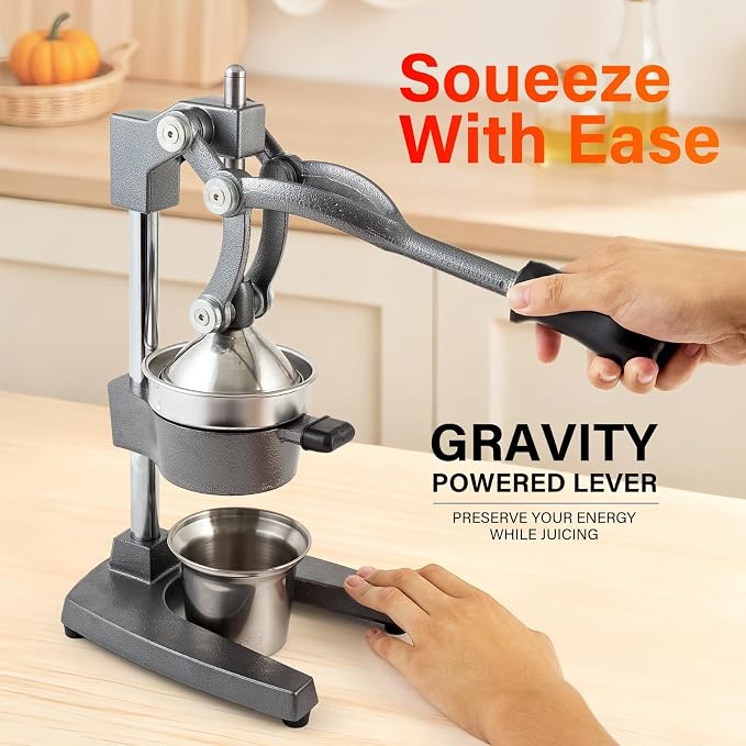 Manual Cast Iron Juicer, Gray Lemon Citrus Squeezer | Detachable Cone, Free Stainless Steel Cup, Extracts Juice from Lemons, Oranges and Grapefruits, Easy to Clean