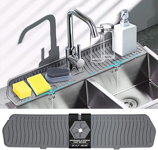 Kitchen Faucet Sink Splash Guard, 24" x 5.6'' Upgrade Silicone Faucet Water Catcher Mat, Sink Draining Pad Behind Faucet, Rubber Drying Mat for Countertop, Bathroom, Farmhouse, RV (Grey)