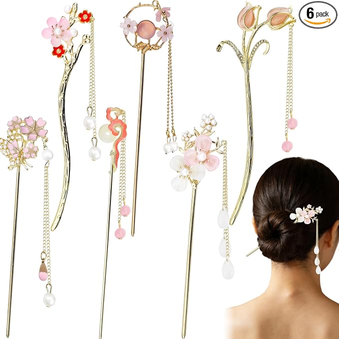 6Pcs Chinese Hair Sticks Set Pink Chinese Hair Sticks with Pearl, Butterfly & Flower Design, Japanese Hair Pin, Traditional Asian Hairpins for Bun Updo