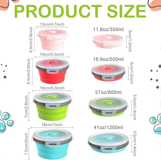 4 Pcs Collapsible Bowls with Lids Silicone Camping Food Storage Container Expandable Folding Salad Lunch Box Travel Container for Hiking Camping