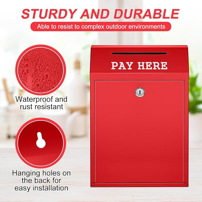 Yaocom Safe Metal Cash Box for Farm Stand – Money Drop and Secure Donation Collection, Wall Mount Lockable Unit with Pre Drilled Holes for Outdoor Self Serve(Red,11.8 x 8.6 x 4.7 Inch)