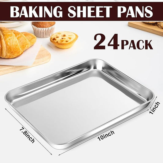 meekoo 24 Pcs Baking Sheet Pan Cookie Sheet Set for Oven Stainless Steel Trays Nonstick Small Serving Tray Cake Toaster Metal Food Trays, Oven and Dishwasher Safe(10 x 8 x 1 Inch)