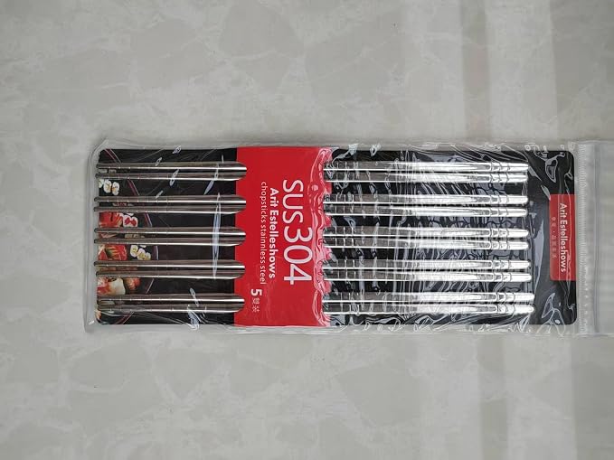 5 Pairs Metal Chopsticks, Stainless Steel Chopsticks Set, Reusable, Lightweight 304 Non-Slip Chop Sticks, Dishwasher Safe, Japanese Korean for Cooking, 8.9 Inch, Silver