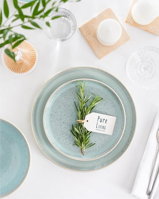 Stoneware dinnerware set 4 persons 16 pcs – Modern style plates and bowls set ceramic – Dishwasher, microwave and scratch resistant – Bowl and plate set – Dinner service Pure Living beige & light blue