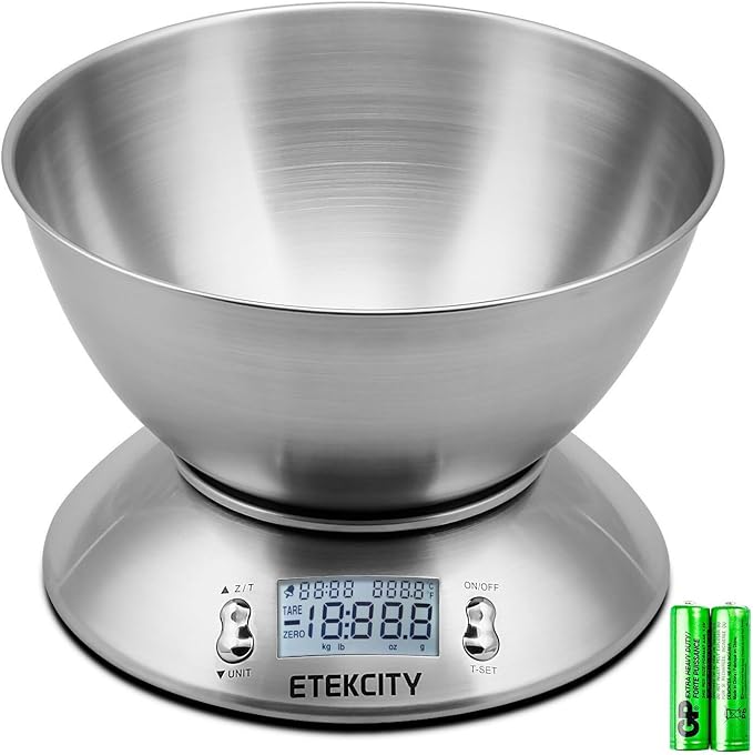 Etekcity Food Scale with Bowl, Timer and Temperature, Grams and Ounces | Stainless steel bowl with tare, temperature sensor, ideal for baking, coffee and meal prep