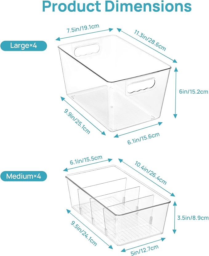Vtopmart 8 Pack Clear Storage Bins Set for Pantry Organizer | 4 Large Pantry Bins with Handle and 4 Medium Snack Organizer Bins with 4-Compartment for Pantry, Kitchen, Fridge, Cabinet