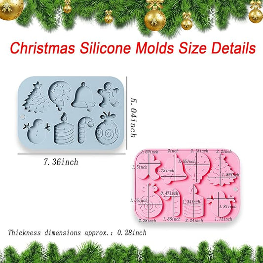Christmas Silicone Chocolate Molds, 2 Pcs Snowman Bell Candle Gingerbread Man Walking Stick Christmas Tree and Gift Set 3D Shaped Molds, for Jelly Soap Fondant Candy Pastry Gummies Cake Decorating