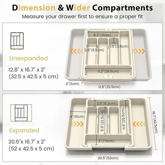 Caperci Large Silverware Organizer for Kitchen Drawer & Utensils - Expandable Drawer Organizer for Cutlery, Flatware & Gadget, BPA-Free Thick Plastic, Wider Compartments & Non-skid Feet (Tofu)