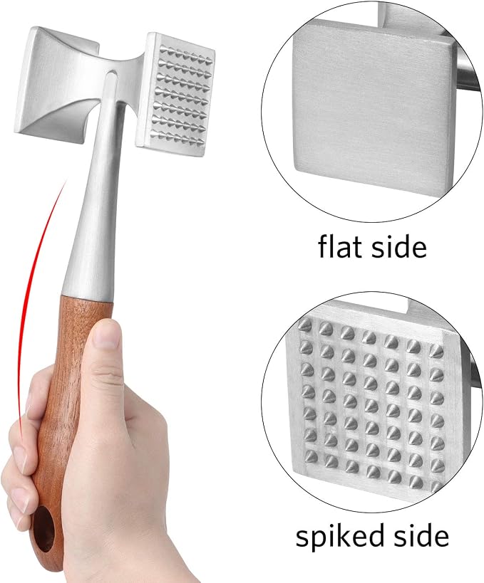 Meat Tenderizer, Meat Hammer, Heavy Duty Steak Hammer with Wooden Handle and Food-Grade Zinc Alloy, 2 in 1 Meat Mallet, 26 CM