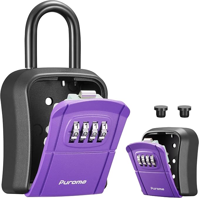 Puroma Key Lock Box Outdoor 4 Digit Code Combination Lockbox House 1 Purple | For Contractors Guest Realtor Storage Keys, Portable, Home Wall Mount, Resettable, Combination, Weatherproof, High-capacity
