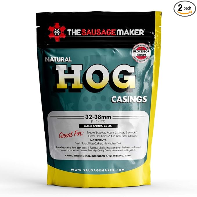 The Sausage Maker® Natural Hog Sausage Casings 32-38mm, Edible Casing For Sausage Making, Stuff Over 25 Lbs Meat, Breakfast, Italian, Polish, Bratwurst, Hot Dog, Pork Links, 1.2-1.5" Dia, Home Pack-2