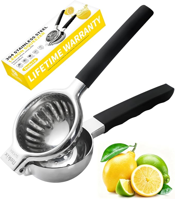 Rekix 304 Stainless Steel Lemon Squeezer, Max Extraction Hand Press Lemon Juicer, 3.4" Bowl Extra Large Orange Juicer, Manual Lime Squeezer, Handheld Citrus Fruit Squeezer for Kitchen Bar