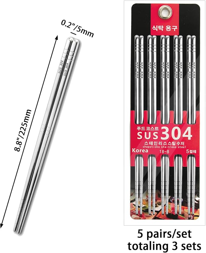15 Pairs Metal Square Chopsticks, 8.8" Reusable Chopsticks for Cooking | Lightweight, Non-Slip, Dishwasher Safe, Stainless Steel 304
