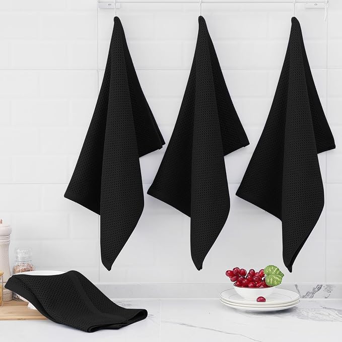 Homaxy 100% Cotton Oversized Waffle Weave Kitchen Towels, 3-Pack, Black | 20 x 28 Inches, Ultra Soft Absorbent Dish Towels, Quick Drying Large Cleaning Towels