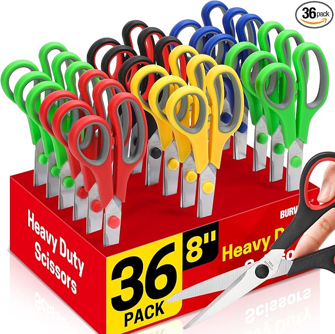 BURVAGY 36 Pack 8" Scissors All Purpose, Heavy Duty Scissors for Office | Scissors Bulk Multipurpose Comfort-Grip Sharp Adult Office Scissors Set Sewing Fabric Stainless Steel Blades, Right/Left Hand