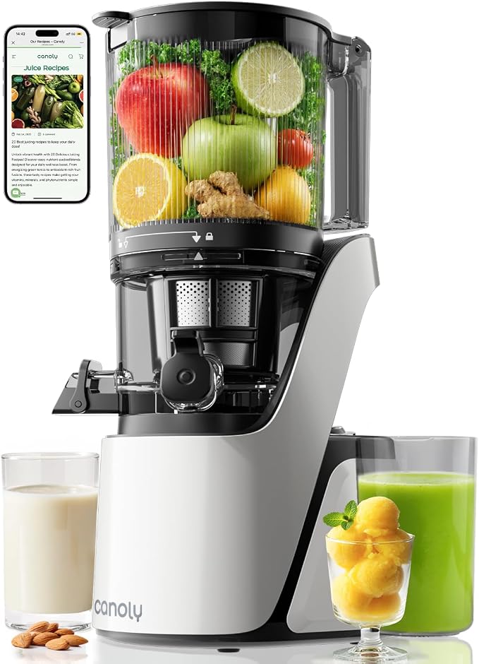 Canoly 3-in-1 Cold Press Juicer C16, Makes Juice & Sorbet & Nut Milk | 6" Extra Wide Feed Chute, Powerful AC Brushless Motor, Self Precut System, Juicer Machines with BPA-Free (Pearl White)
