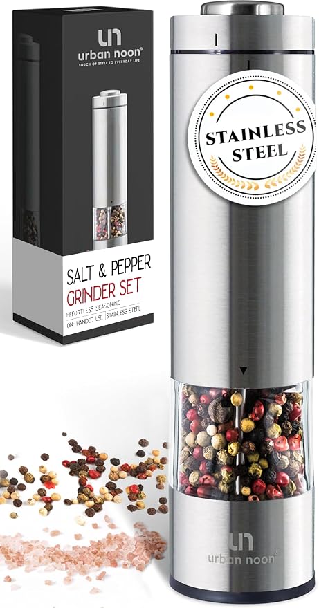 Urban Noon Electric Salt or Pepper Grinder (1 Mill, 8.1" Tall) - One-Handed Push-Button Mills with LED Light, Adjustable Ceramic Coarseness, Gift-Ready Box, 1-Year Warranty - Stainless Steel