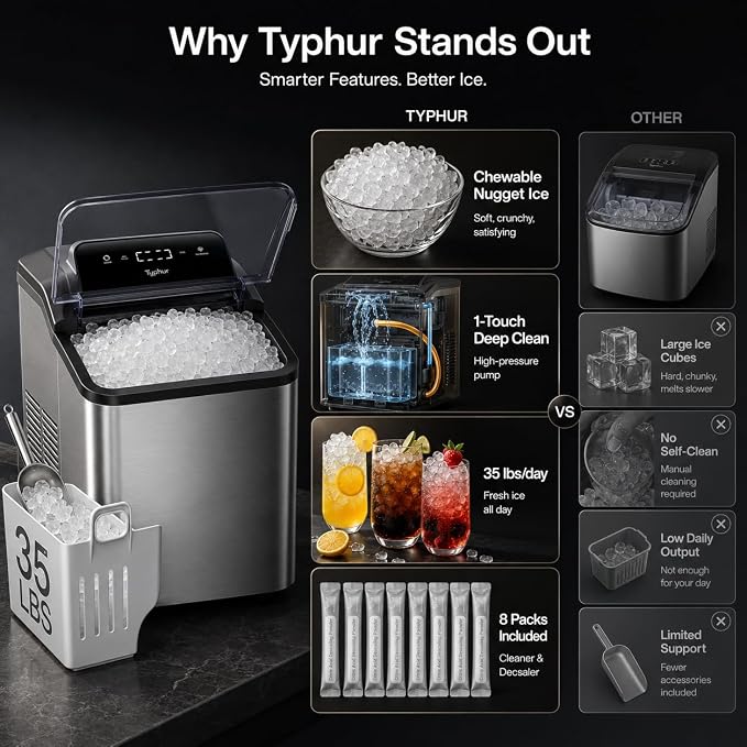Typhur Fast Nugget Ice Maker Countertop, Chewable Pebble & Pellet Ice Machine with Self-Cleaning Pump & 8-Pack Cleaners, 35lbs/24H Crushed Ice for Kitchen, Bar, RV, Outdoor (Black Stainless Steel)