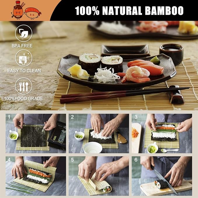 Sushi Making Kit, 22 in 1 Sushi Roller Sushi Maker Kit with Bamboo Sushi Rolling Mats, Bazooka, Chef's Knife, Chopsticks, Sauce Dishes, Rice Spreader, Avocado Slicer, Guide Book