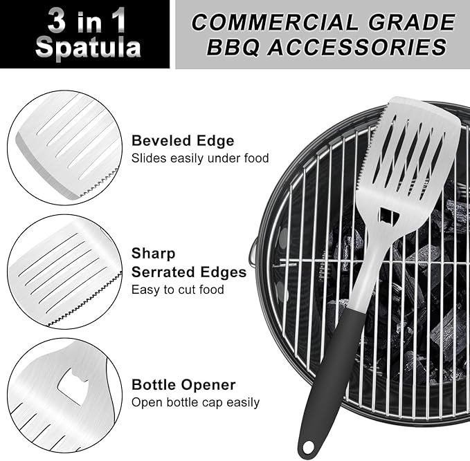 15.8'' Stainless Steel Grill Spatula for Outdoor Grill, 3-in-1 Metal BBQ Spatula Turner with Full Tang Silicone Handle and Serrated Edge, Heavy Duty Barbecue Tools Spatula for Grilling Cooking