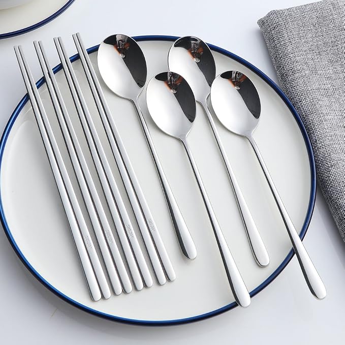 Buyer Star 4 Set Silver Korean Chopsticks Spoon Set Reusable Metal Stainless Steel Spoon Chopstix Set