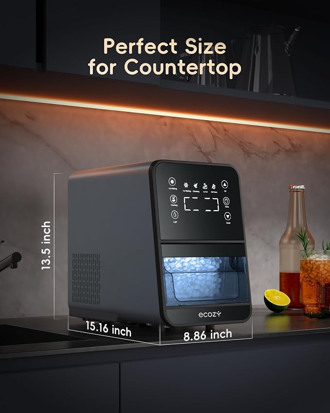 ecozy Nugget Ice Maker Countertop, 40Lbs/Day Chewable Pebble Ice, TDS Meter | Soft Sonic Ice Machine, Self-Cleaning, One-touch Timer, Pull-out Ice Basket, Compact for Home Kitchen Office