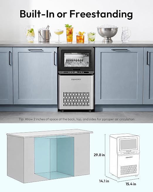EUHOMY Commercial Ice Maker Machine, 101lbs/24H, Stainless Steel Under Counter Ice Maker with 22lbs Storage, Self-Cleaning, Freestanding Ice Machine for Home/Bar/Cafe/Restaurant
