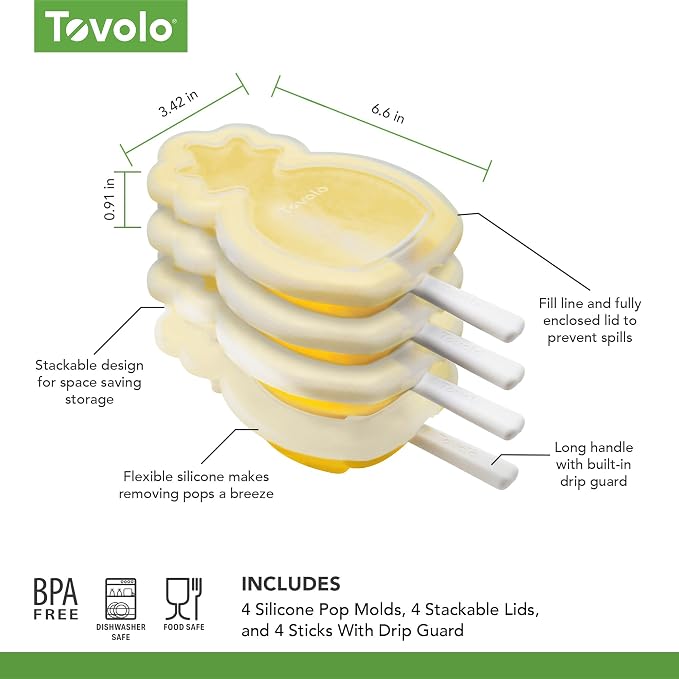 Tovolo Pineapple Popsicle Mold Stackable Kids Pack of 4 Pineapple Silicone Mold with Sticks, BPA Free Freezer Pop Maker Summer Essentials Frozen Treat Molds, Sun Ray Yellow