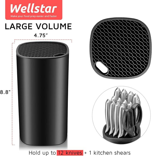 Universal Knife Block Holder for Kitchen, WELLSTAR Knife Stand without Knives, Safe Space Saver Large Volume Stable Knife Storage with Scissors Slot, Detachable for Easy Cleaning – Black
