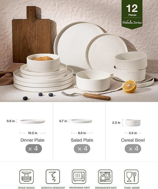 Famiware Nebula Plates and Bowls Sets, 12 Pieces Stoneware Dinnerware Sets, Reactive Glaze Dish Set, Dishes Set for 4, Matte Beige White