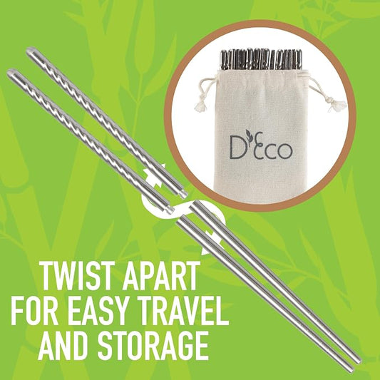 D'Eco Reusable Metal Chopsticks (4 Pairs)- Stainless Steel Twist Apart Silver Chopsticks & Travel Pouch- Lightweight, Durable, Dishwasher Safe- Great for Chinese Japanese Cuisine- On the Go Silverware