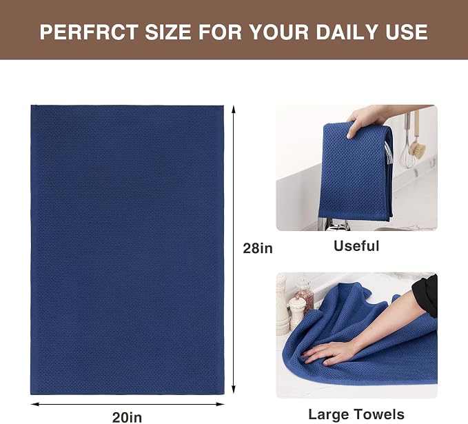 Homaxy 100% Cotton Oversized Waffle Weave Kitchen Towels, 3-Pack, Navy Blue | 20 x 28 Inches, Ultra Soft Absorbent Dish Towels, Quick Drying Large Cleaning Towels