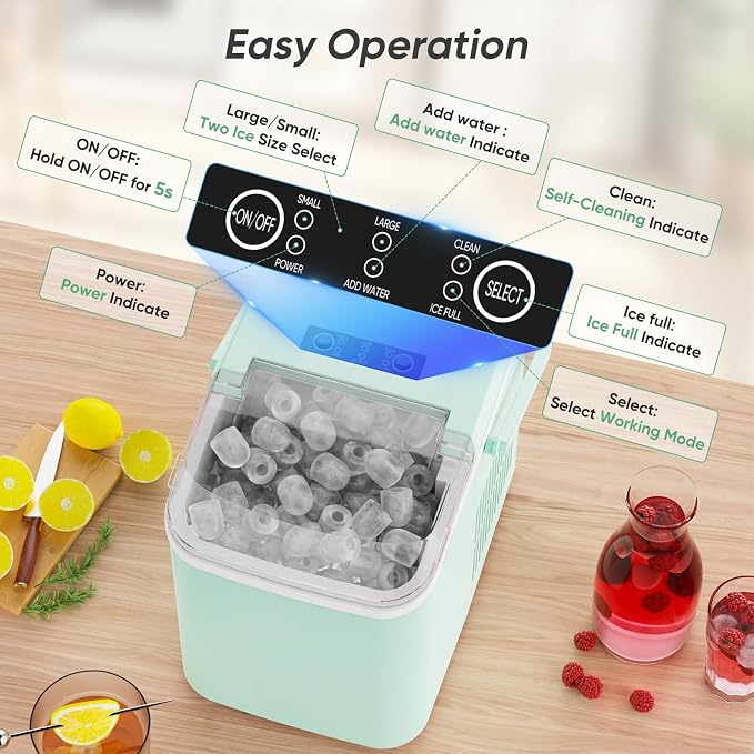 DUMOS Ice Makers Countertop with Handle Ice Machine, Fast in 6 Mins, 26lbs in 24 Hours, Quiet Self-Cleaning, Compact Size Portable for Home, Kitchen, RV, Camping, Modern Green