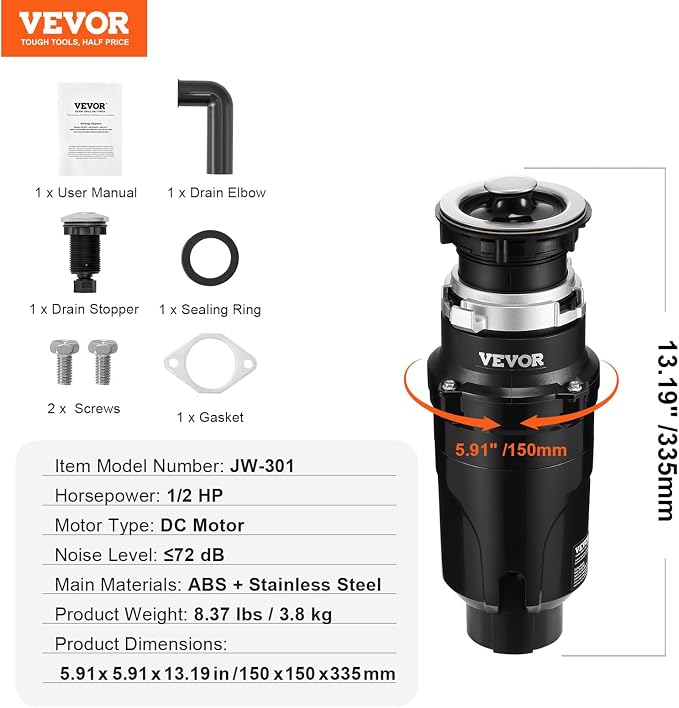 VEVOR JW-301 Garbage 1/2HP 3450RPM DC Motor, Continuous Feed Sink Disposer, EZ Connect Food Waste Grinding System with Power Cord and Splash Guard, for Kitchen, Black