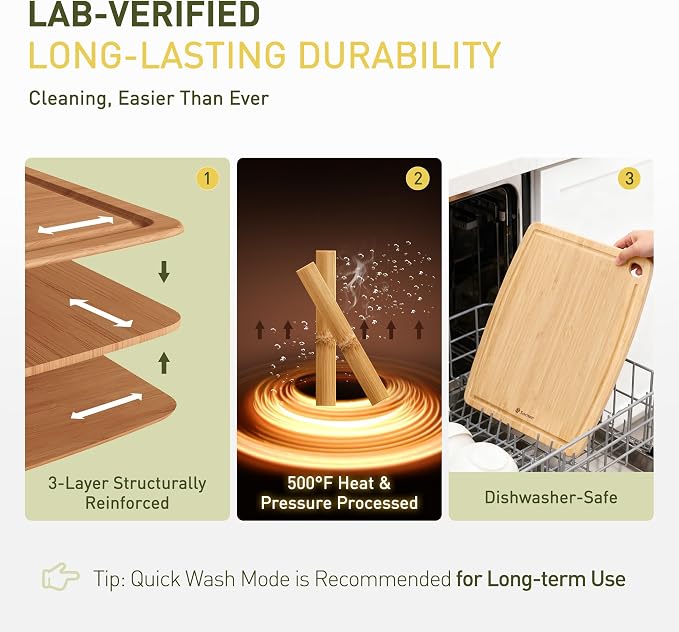 Lightweight Durable Bamboo Cutting Board Set with Non-Slip Feet, Wood Cutting Board for Busy Kitchen, Easy Clean Wooden Chopping Boards with Juice Groove Best House Warming Gift Set of 3 (S+M+L)