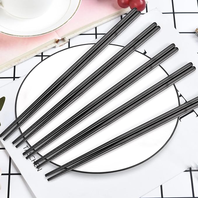 Black Stainless Steel Chopsticks - Multifunction Reusable Chopsticks - 5 Pairs Dishwasher Safe Metal - Easy to Use - Pressure Line Lightweight Chop Sticks