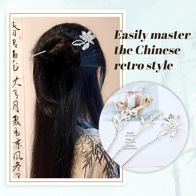 Lawie 10 Pack Silver Hair Sticks Flower Leaf Decorative Metal Long Hair Pins Bun Holders Chopsticks for Hair Chinese Hanfu Costume Retro Vintage Fancy Headpieces Accessories for Women Girls