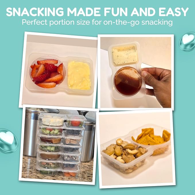 Reusable Snack Containers with Lids 20 Pack (40 Pieces) Portion control, Snack Pack Containers 2 Double Compartment Snack Containers for Kids On the Go Meals, Camping Snack Tray Prep