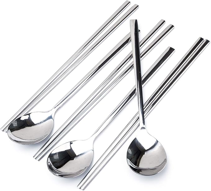 Polished Stainless Steel Spoons and Chopsticks Set, Korean Chopsticks and Spoons tableware with long-hand, Reusable, set of 3-silver