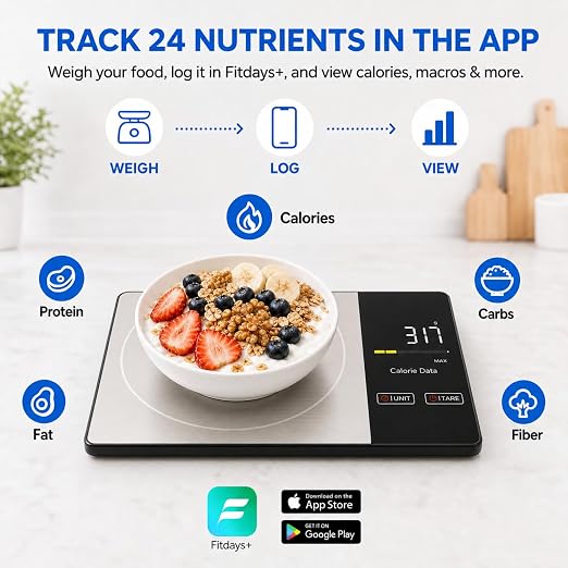 Smart Nutrition Food Scale with App - 1g Precision Digital Kitchen Scale, Tracks Calories & 24 Nutrients, Macros, Fat & Protein for Keto, Fitness & Meal Prep, 11lb/5kg with Tare Function