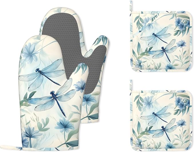 Vintage Dragonfly Silicone Oven Mitts and Pot Holders,Flower Plant Heat-Resistant 4 Piece Kitchen Set Non-Slip Oven Gloves and Hot Pads for Cooking, Baking, Grilling,BBQ