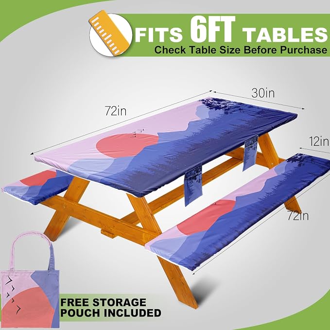 Fitted Picnic Table Cover with Bench Covers, Windproof Vinyl Table Cloths Outside Camping Cooking Backyard Furniture Seat Cushion Tablecloth Activities Party Decor Decorations Para Acampar Equipment