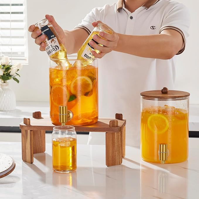 FavorFlavor Glass Drink Dispenser for Party: 2p 1 Gallon Dispenser w/Stand | 4L large capacity-Stainless Steel Spigot-Beverage Container for Lemonade/Juice/Sun Tea-Ideal for Home Gatherings&Party Drink