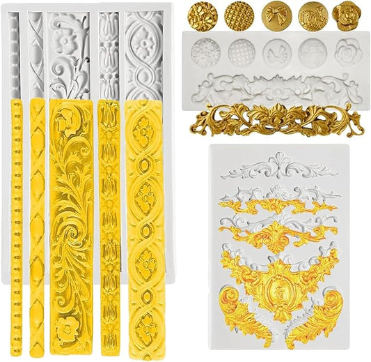 3 Pcs Baroque Silicone Molds Baroque Style Curlicues Scroll Lace Fondant Silicone Mold Scroll silicone Baroque Mold Relief Flower Lace Mould for Wedding Birthday Cake Decoration