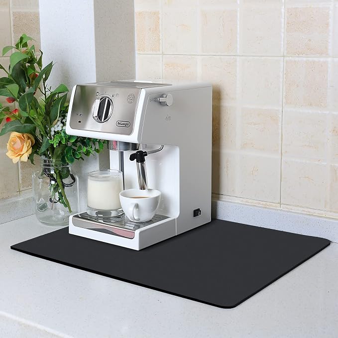 ZLR Coffee Bar Mat for Keurig & Nespresso, 12"x16" Small, Black | Absorbent Dish Drying Mat, Stain-Hiding PU Leather Top, Non-Slip Rubber Back, Heat-Resistant, Fits Frother & Pour-Over